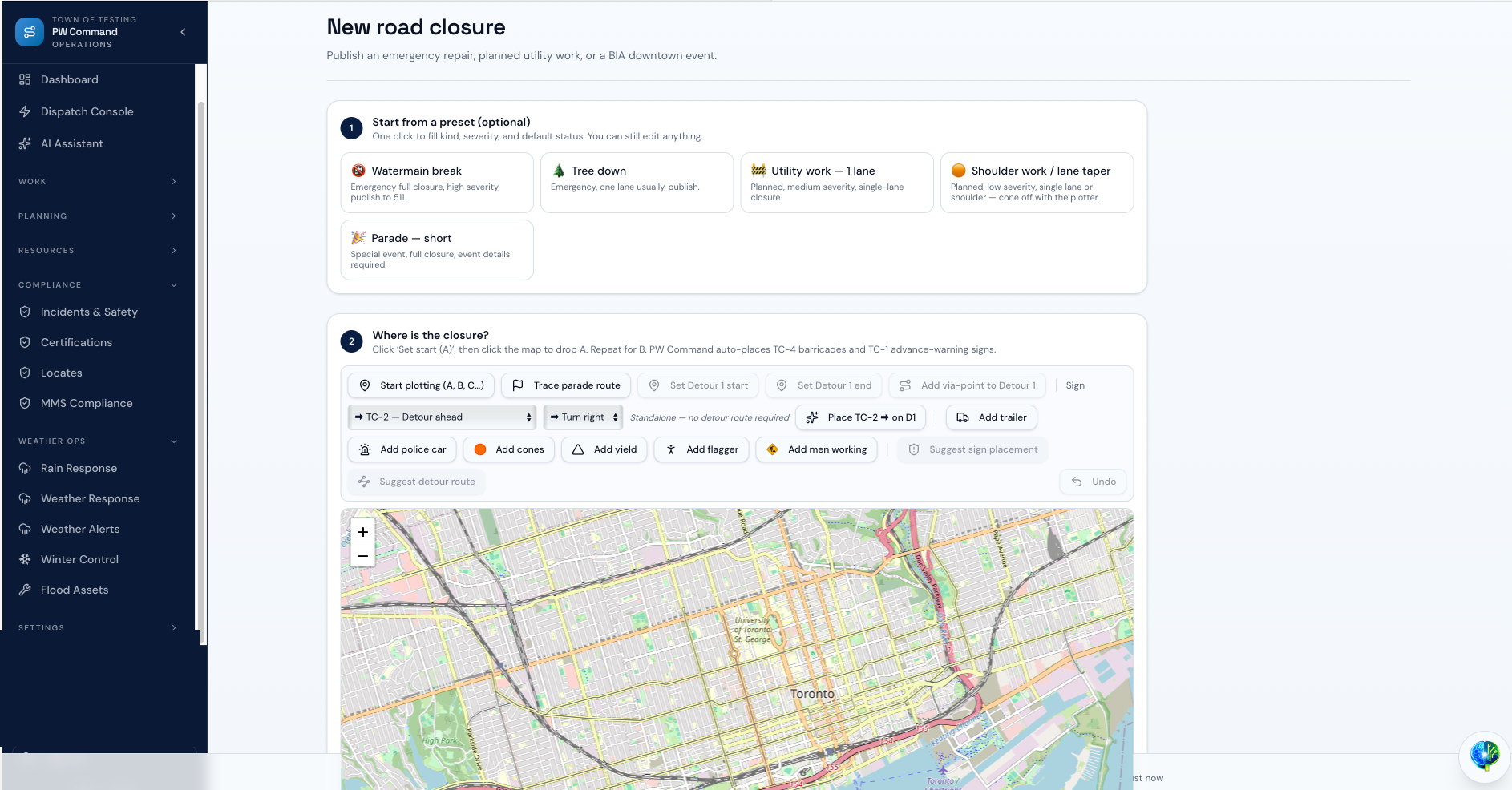 PW Command new road closure builder with preset options, detour plotting, and map for downtown Toronto