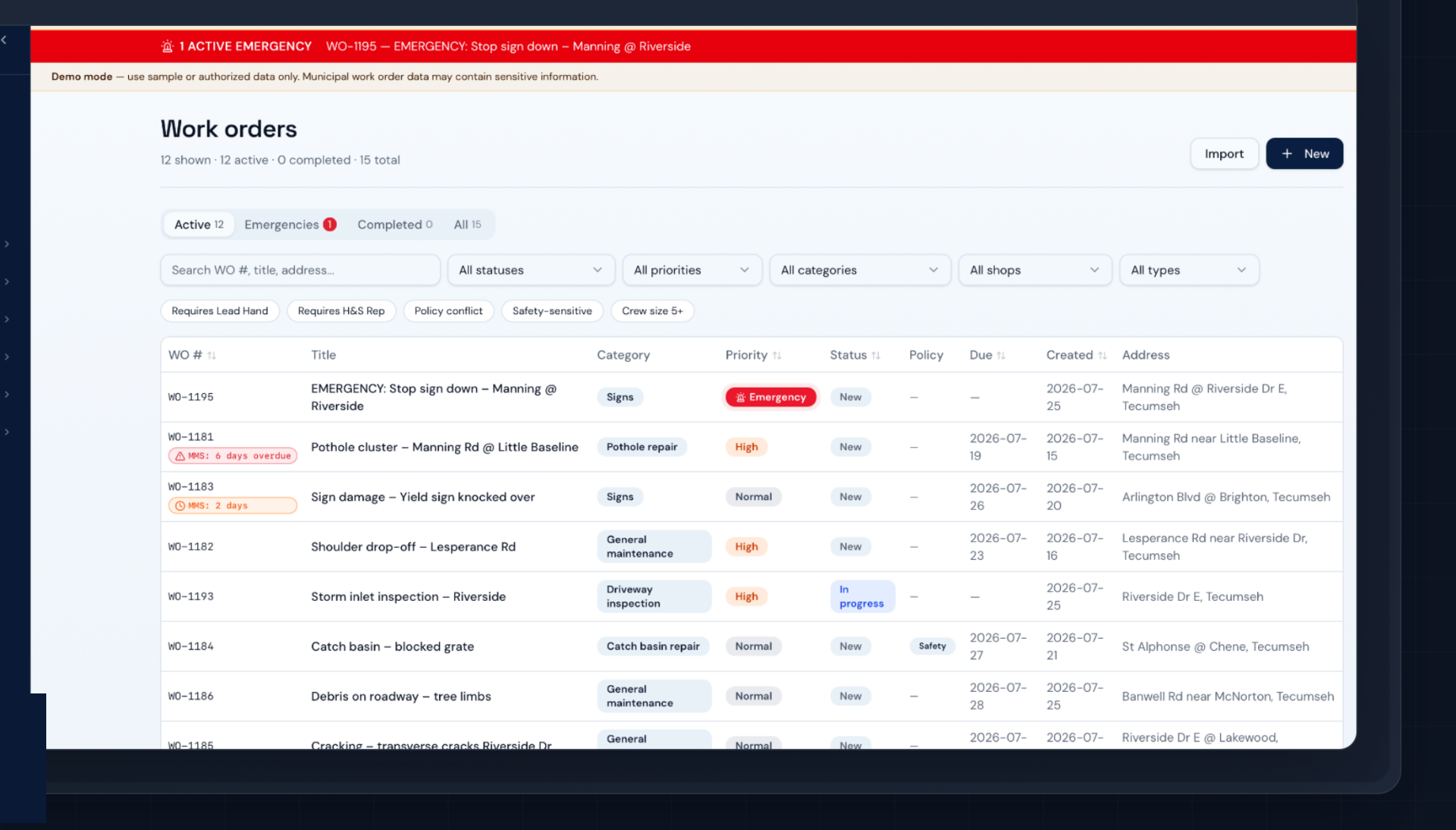PW Command work orders board with active jobs, MMS overdue flags, priorities, and status columns